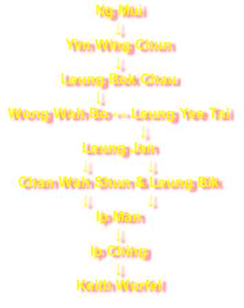 Ng Mui
↓
Yim Wing Chun
↓
Leung Bok Chau
                       ↓
Wong Wah Bo ↔ Leung Yee Tai
            ↓
Leung Jan
↓              ↓
Chan Wah Shun	& Leung Bik
↓              ↓
Ip Man
↓
Ip Ching
↓
Keith Worfel
